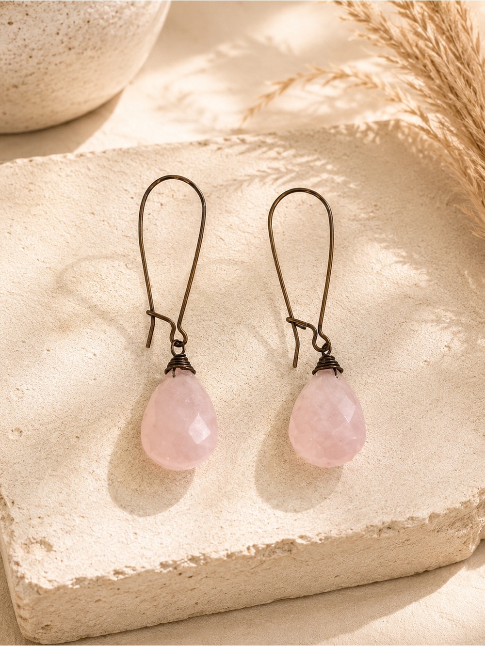 ✨ Rose Quartz Teardrop Dangle Earrings Pink Gemstone Wire Wrapped Boho ✨